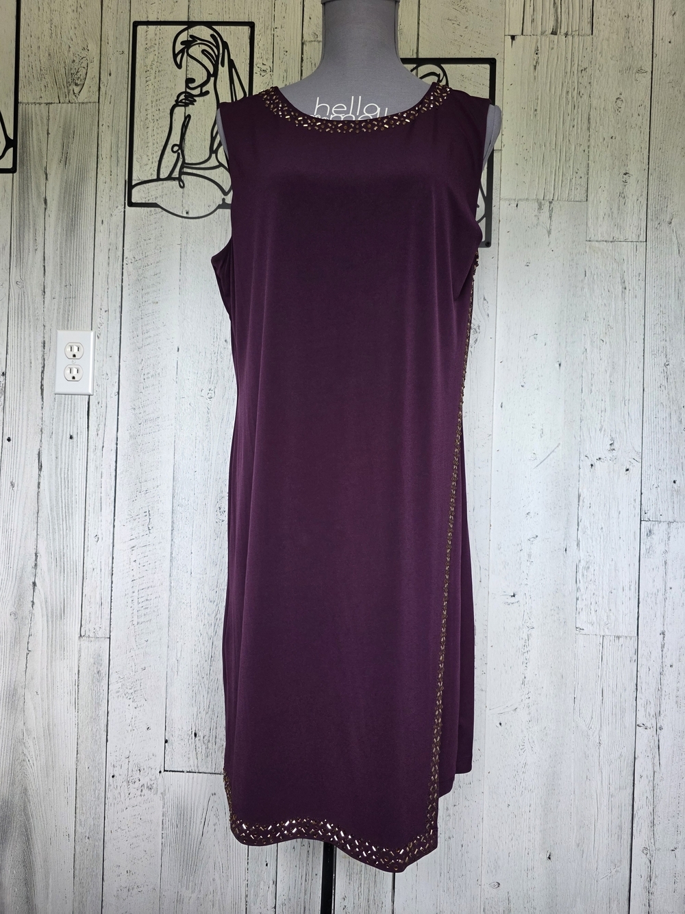 Calvin Klein Plum Embellished Sheath Dress | Size 14 | Gold Detail